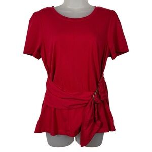 Anthropologie Maeve Dakota Red Short Sleeve Wrap Belted T-Shirt Large L Holiday
